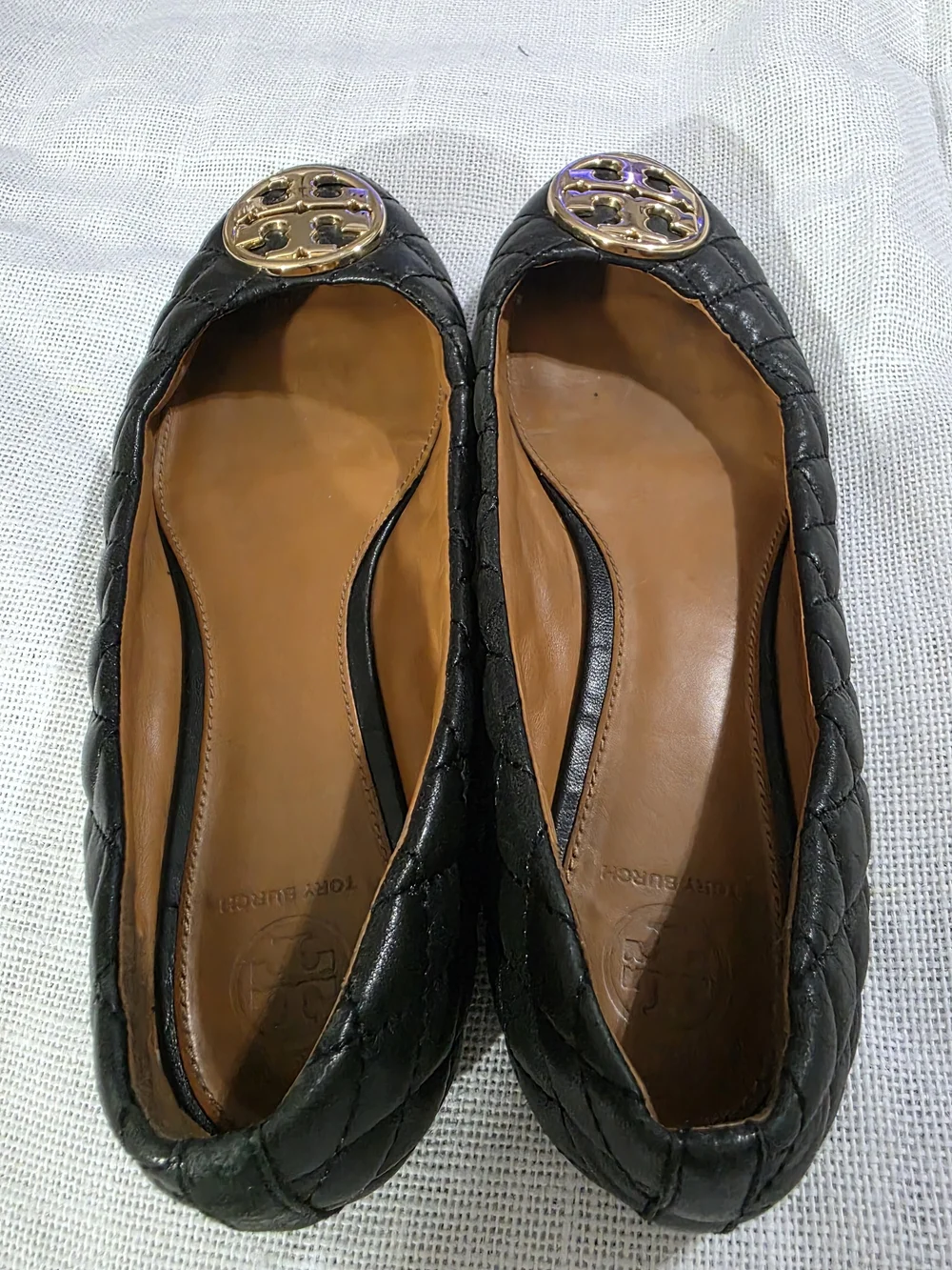 Tory Burch Reva Black Quilted Leather Ballet Flats Gold Logo Size 9.5